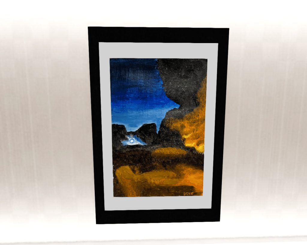 Framed oil painting of a nighttime scene with highlights of yellows and blues.