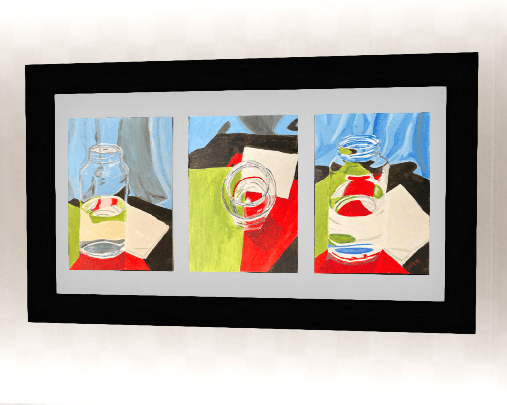 Framed painting of water in a jar.