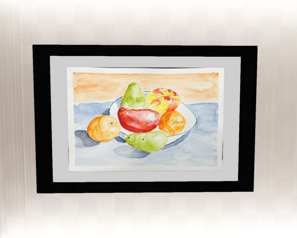Framed watercolor of a bowl of various fruits.