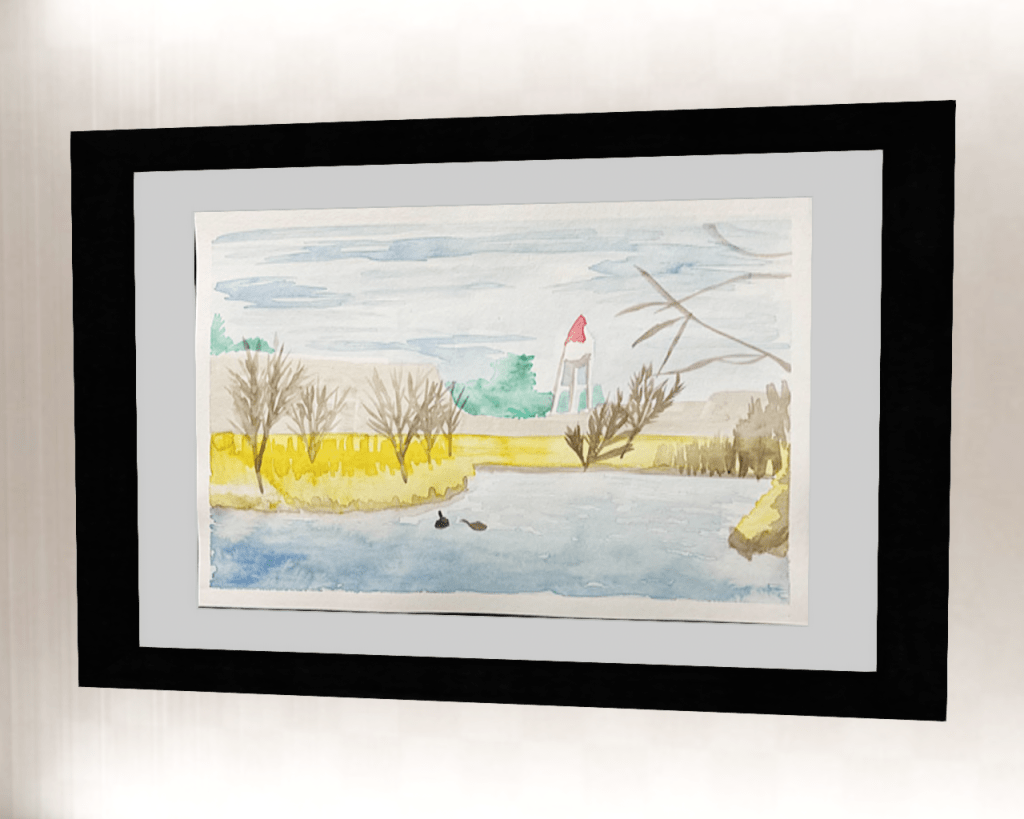 Framed watercolor of a pond near yellow grass with green trees and a water tower.