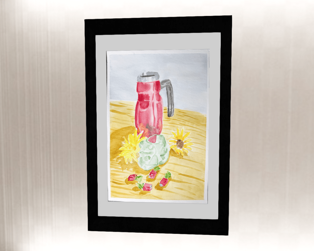 Framed watercolor painting of a glass frog votive in front of a red metal mug with sunflowers and strawberry candies.