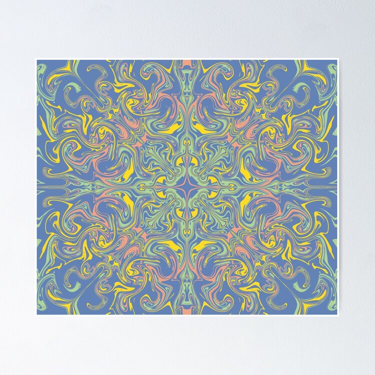 Digital paint pour in blue, yellow, and pink.