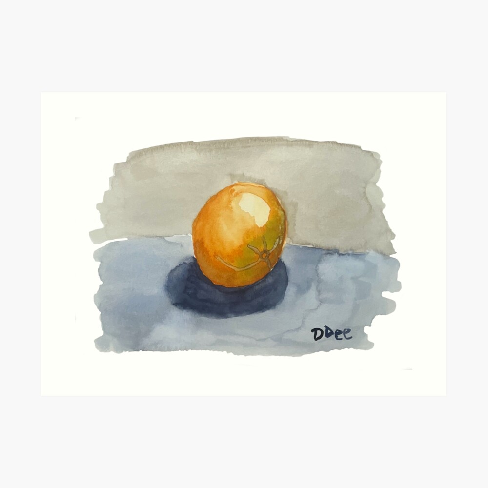 Watercolor of an orange on a blue background.