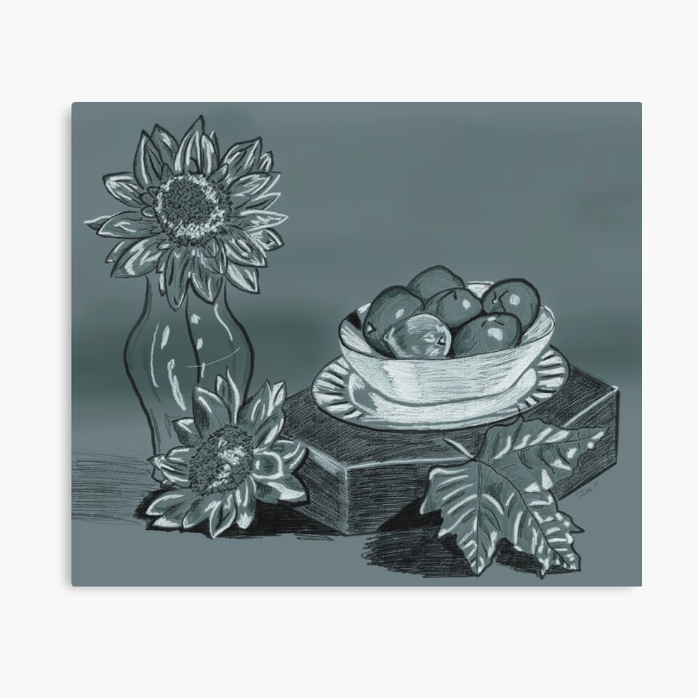 Drawing of fruit in a bowl near a vase and sunflowers.